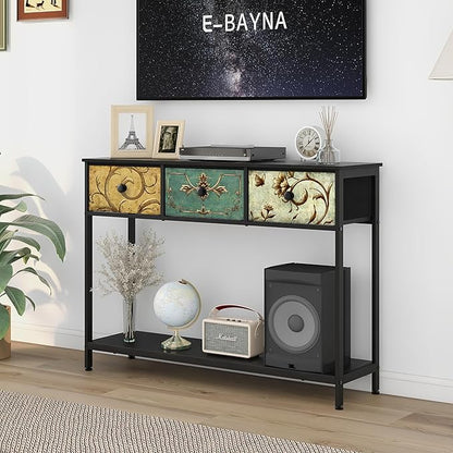 Tohomeor Entryway Console Table with 3 Retro Flowers Fabric Drawers Boho Narrow Long Behind Couch Farmhouse Sofa Table with Bottom Open Storage Shelf for Hallway Living Room Foyer (Black, 3 Drawers)