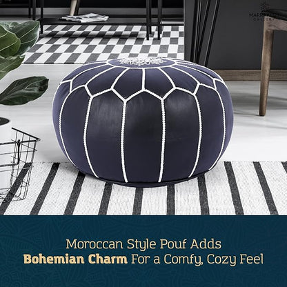 Marrakesh Gallery Genuine Leather Round Pouf Unstuffed - Moroccan Ottoman Footstool, Footrest Cover - Boho Decor - Bohemian Living Room, Bedroom, Kids Room, Gift & Wedding