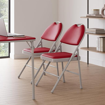 GarveeHome 2 Pack Folding Chairs with PU Leather Padded Cushion and Back, Metal Foldable Chair for Indoor Outdoor, Commercial Stackable Guest Chairs for Camping, Dining Room, Office, Party, Red