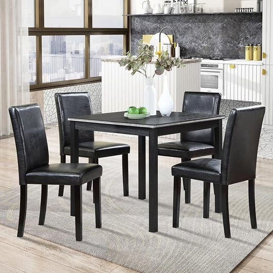 KEIKI 5-Piece Standard Height Dining Table Set with Square Table and 4 Upholstered Chair, for 4 Person, Classic Crystal Decoration Wood Table Set, Easy Assembly, for Kitchen, Dining Room, Black