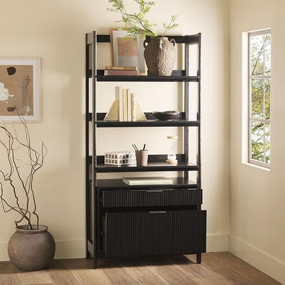 Walker Edison Transitional Open Reeded 4-Shelf Bookshelf with Drawers Versatile Bookcase with Bottom Storage for Home Office, Living Room, Bedroom, 33 Inch, Black