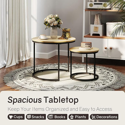 Nesting Tables Set of 2, Round Coffee Table, Small Nesting Coffee Table with Adjustable Non-Slip Fee, Wood Grain Top Nesting Tables for Living Room, Bedroom (Wood Grain Light Brown)
