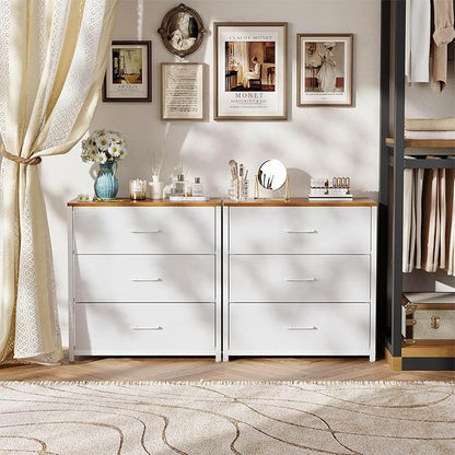 Nightstand,Farmhouse Night stand with 3 Storage Drawer,Small Dresser for Bedroom,Chest of Drawers Fabric Dressers with Steel Frame,Wooden Top Front Bedside Table for Small Space,White+walnut