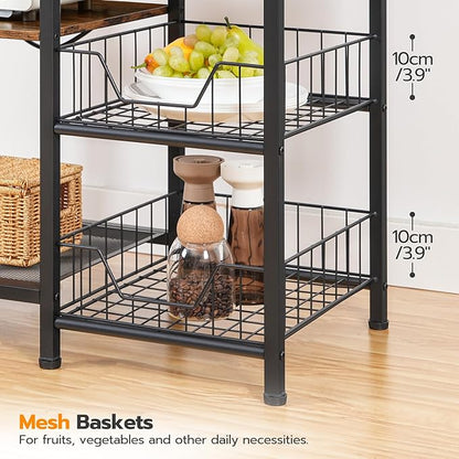HOOBRO Bakers Rack with Power Outlet and LED Light, 6-Tier Microwave Stand with Wire Baskets, Coffee Bar Station, Kitchen Utility Storage Shelf with 4 Hooks, Rustic Brown and Black BF64UDHB01