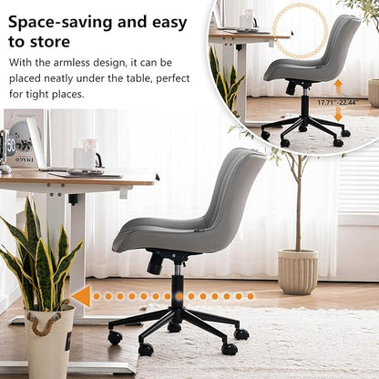YOUNIKE Grey Home Office Desk Chair with Wheels Ergonomic Comfy Armless Vanity Chair with Back Modern Leather Upholstered Rolling Task Chair Small Cute Computer Drafting Sewing Chair Swivel Adjustable