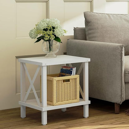 Large End Table Farmhouse Side Table Industrial Style Sofa Table Metal X Accent Wood Coffee Table NightStand with Storage Shelf for Living Room Bedroom White MLBZ16W