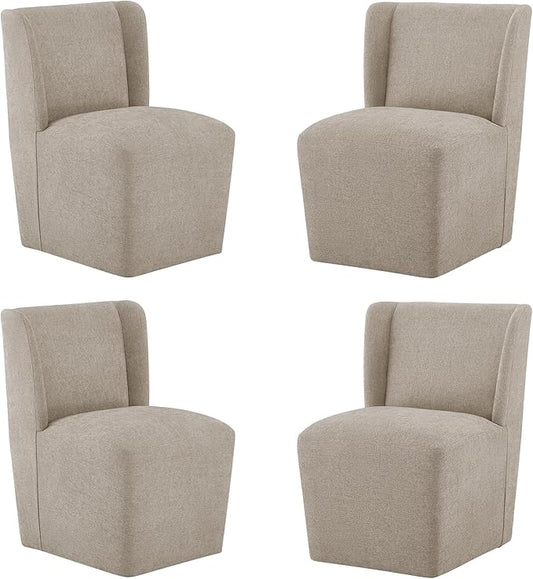 Upholstered Dining Chair with Casters Wingback Modern Side Armless Deskchair with Rollers for Diningroom Bedroom Livingroom Reading Room,Khaki,4 Box