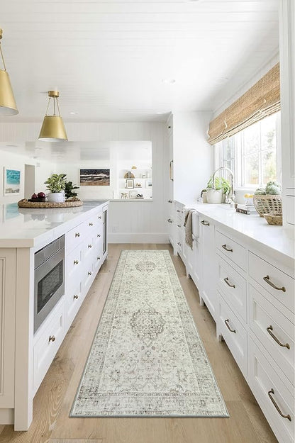 LIVEBOX Washable 2.5x8 Runner Rugs for Entryway Bathroom, Boho Kitchen Floor Mats Long Rug Runners for Hallways Non Slip, Farmhouse Low-Pile Carpet Runners for Laundry Room, Taupe