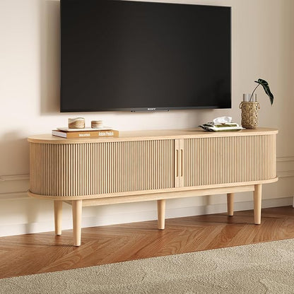 LINSY 58" Fluted TV Stand, Modern Entertainment Center for TVs Up to 65 inches, TV Console with Sliding Doors, Curved Profile Design, Media Console for Living Room, Light Wood