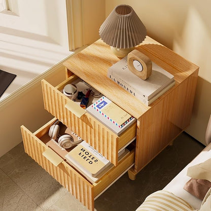 Urban Deco Nightstand Set of 2, Mid Century Modern Nightstand with 2 Storage Drawers, Wooden End Table with 2 Fluted Drawers, Bedside Table with Solid Wood Legs for Bedroom (Natural)