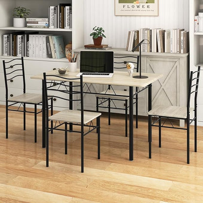 5 PCS Dining Table Set Counter Height Table and Chairs Set W/Steel Structure Dining Desk, 4 High Backrest Chairs & Anti-Slip Pads Dining Furniture Set for Kitchen and Restaurant(Beech Wood)