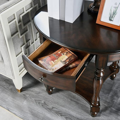 LEEMTORIG Oval Round End Table with Drawer, 2-Tier Solid Wood End Tables, Victorian Antique Nightstand Bedside Table for Bedroom Office Living Room, 28" W x 22" D x 24.2" H, Dark Walnut CJZ-2233-DC