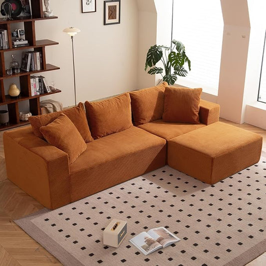 Modular Sectional Sofa, 108" L-Shaped Boneless Couch with Deep Seat, Corduroy Cloud Couch for Living Room, Bedroom, No Assembly Required, Ship in a Box, Orange