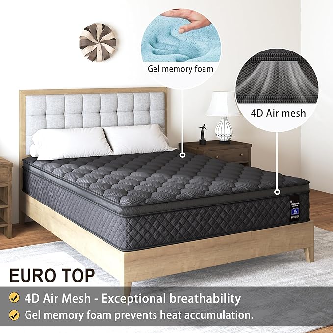 King Hybrid Mattress, 12 Inch Euro Top Mattress Medium Firm for Back & Lumbar Support, 100 Night Trial, Individual Pocket Spring Bed for Motion Isolation & Pressure Relief