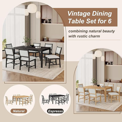 Merax 7 Pieces Retro Dining Set for 6, Rectangular Wood Dining Table with 6 Upholstered Chairs for Kitchen, Living Room, Espresso