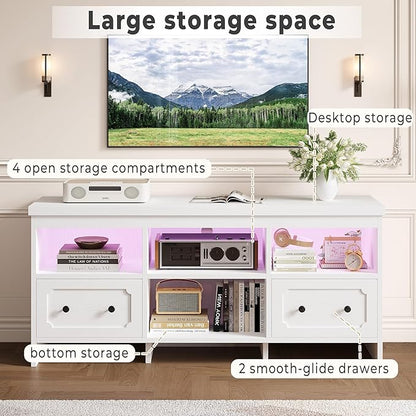 IRONCK TV Stand for 65 Inch TV, 55" LED Entertainment Center with Storage Cabinets, Power Outlets and Open Shelf, Media Console TV Cabinet with Drawers for Living Room, White