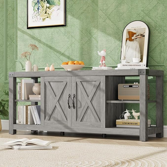 IDEALHOUSE TV Stand for 65 Inch TV, 60 Inch Entertainment Center with Storage, Farmhouse TV Console Table with Shelves,Doors, Modern TV Stand for Living Room, Bedroom - Grey