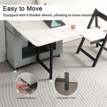 Foldable Space Saving Dining Table Extendable, Folding Dining Table with Storage and Wheels 2-Layers, Versatile Drop Leaf Table Modern for Living Room, Kitchen, RV Campers (Grey)