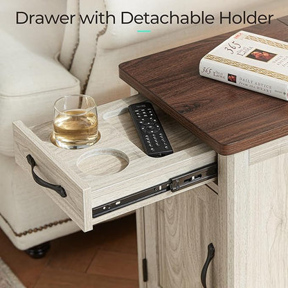 LINSY HOME Farmhouse End Table with Charging Station, Narrow Side Table for Living Room, Sofa Side Table with Drawer and Storage Cabinet, Small Nightstand for Home Office