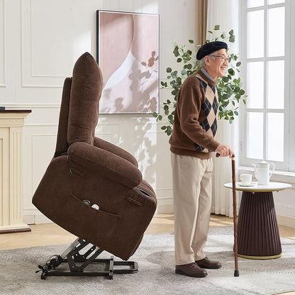 GarveeHome Power Lift Recliner Chair for Elderly with Massage and Heat, Oversized Electric Massage & Heat Recliner with Soft Padded Upholstery, Side Pocket & Cup Holders for Living Room, Brown