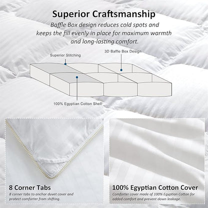 Luxurious All-Season Goose Down Feather Fiber Comforter Duvet Insert, Exquisite King White Stripe Design, Premium Baffle Box, 100% Cotton Down Proof Fabric, 65 oz. Fill Weight
