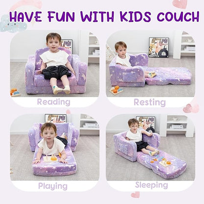 Comfy Toddler Couch and Chair for Kids with Blanket, 2-in-1 Soft Plush Fold Out Kids Sofa Chairs for Girls and Boys, Convertible Sofa to Lounger for Playroom