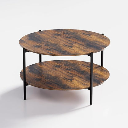 Round Coffee Table, 2-Tier 32.9" Circle Coffee Tables with Storage Wood Rustic Farmhouse Center Circular Coffee Table for Living Room Bedroom Balcony Office - Walnut