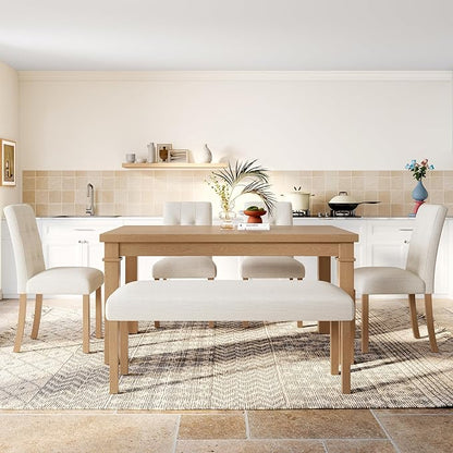 Ball & Cast Dining Table Set for 6 W/Bench & 4 Upholstered Chairs,6 Piece Dining Set W/ 60" Rectangle Kitchen Table & Anti-Scratch Pads,Table and Chairs Set for Living Room,Dining Room,Natural
