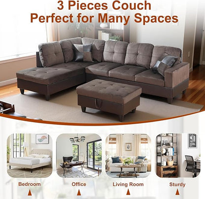 Osparple L Shaped Couch Sectional Couches for Living Room Upholstered Flannel 3 Pieces Modular Sectional Sofa with Chaise, Ottoman with Storage for Living Room and Small Apartment, Deep Brown