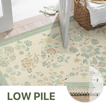 GENIMO 6x9 Area Rugs for Living Room, Machine Washable Non Slip Vintage Rugs, Low Pile Lightweight Chenille Print Rug for Bedroom, Dining Room, Home Office, Beige/Green