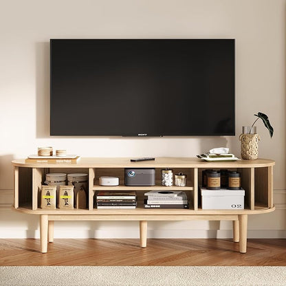 LINSY 58" Fluted TV Stand, Modern Entertainment Center for TVs Up to 65 inches, TV Console with Sliding Doors, Curved Profile Design, Media Console for Living Room, Light Wood