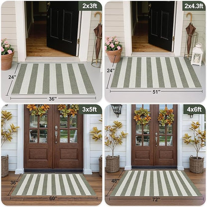OJIA Fall Front Door Mat 24"x36" Halloween Doormat Striped Porch Rugs Checkered Rug Washable Entry Rug Woven Cotton Indoor Outdoor Rug Small Area Rug for Kitchen Entryway Patio (Green/White/Tan)