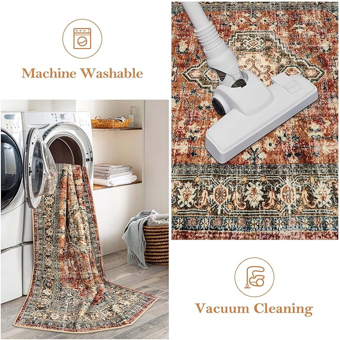 Lahome Oriental Washable Kitchen Runner Rug, 2x6 Carpet Runners for Hallway 6ft Non Skid, Vintage Soft Hallway Rug for Bathroom Bedroom Entryway, Brick Red