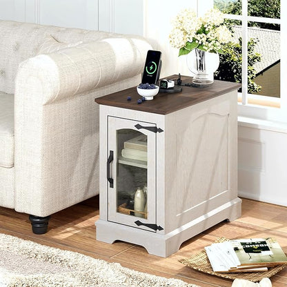 End Tables Set of 2 with Charging Station,13.8"W Narrow Side Table with Storage for Sofa Couch or Bed Side with Outlets & USB Ports, Farmhouse Nightstand with Glass Door for Bedroom Livingroom