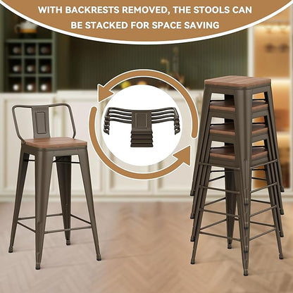 26 Inch Swivel Bar Stools Set of 4 with Backs Counter Height Industrial Metal Barstools Island Bar Chairs for Home Kitchen Dining Room (Swivel 26 inch,Rusty Wooden)