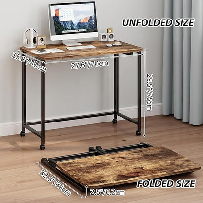 JSB Small Folding Computer Desk with Storage Bag and Hook Writing Modern Industrial Work Table Laptop for Home Office White (Rustic & Brown, 27.6")