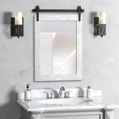 Bathroom Mirror for Over Sink 18”x24” Farmhouse Barn Door Mirror Rustic Wood Framed Wall Mirror for Bathroom, Bedroom, Entryway (White