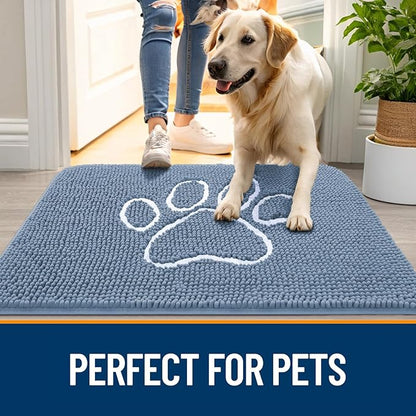 OLANLY Door Mat for Muddy Dog Paws 36x24, Absorbent Chenille Doormat with Paw Print Design, Non-Slip Washable Doormat for Indoor Entryway, Quick-Dry Pet Bed Mats for Dirty Dogs, Airy Blue and White