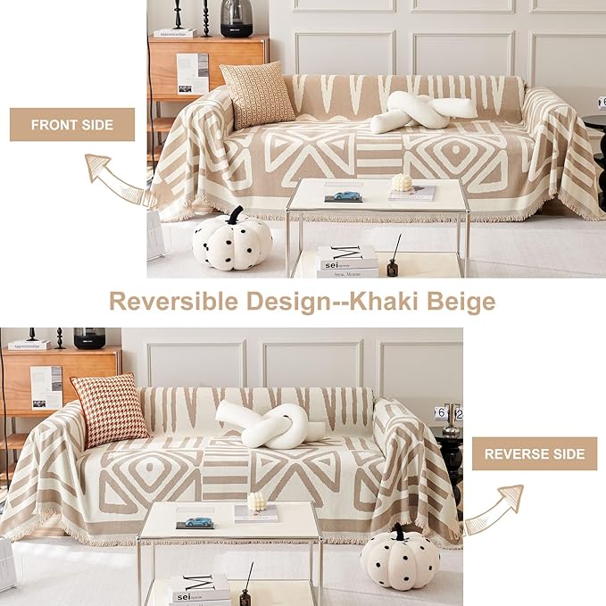 STACYPIK Reversible Khaki Beige Couch Cover Boho Couch Cover for Dogs with Tassels Anti-Slip Furniture Protector for 2 Cushion Couch Versatile Sofa Protector Washable Loveseat Cover Decor-71X90IN