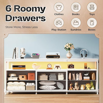 Huuger 63 Inch TV Stand for 55, 65, 70 Inch TV, Long Dresser TV Stand for Bedroom, White LED TV Stand with Power Outlets, Fabric Drawer Dresser with Storage, Entertainment Center for Living Room