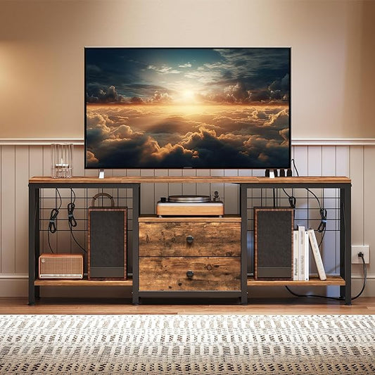 TV Stand with Power Outlet Up to 60 Inch, Entertainment Center with 2 Fabric Drawers, TV Console Table with Open Storage Shelves for TVs, Cable Management, for Living Room, Bedroom, DS14UBRY1
