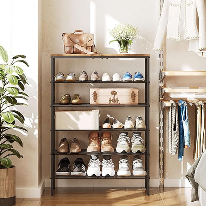 6-Tier Shoe Rack, Shoe Storage Organizer for Closet, Free Standing Shoe Organizer with Metal Mesh Shelves, 24 Pairs of Shoes, Rustic Brown and Black SS06BR