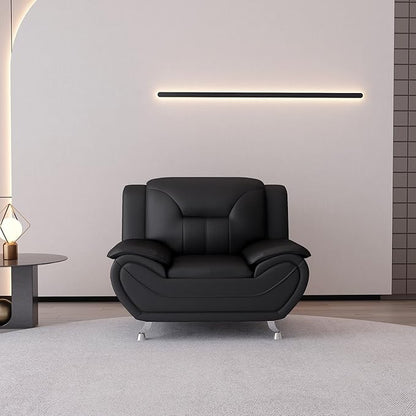 Container Furniture Direct Michael Modern Faux Leather Upholstered Stainless Steel Legs Living Room Sofa, Chair, Midnight Black