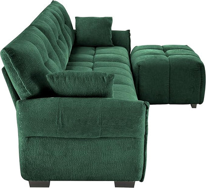 Modern Chenille Fabric 3-Seat Sofa w/Ottoman+2 Pillows, Premium Upholstery Living Room Couch with Tufted Backrest & Comfortable Armrests and High-Resilience Memory Foam Cushions,Green