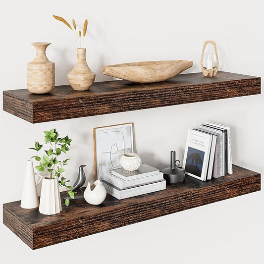 Heimlove 32 Inch Floating Shelves for Wall,Rustic Brown 9.3" Deep Floating Shelf Set of 2,Wall Mounted Shelves for Bathroom Bedroom Living Room Kitchen Office,Shelf for Books Storage Room,Home Decor