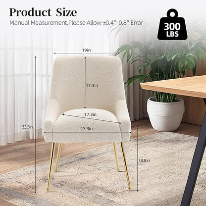 Modern Velvet Dining Chairs Set of 2, Contemporary Upholstered Furniture Collection with Polished Gold Metal Legs, Elegant Accent Chairs for Kitchen Living Room(Teddy Fleece,Beige)