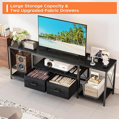 Homeiju TV Stand for TVs up to 75 Inch, Entertainment Center with Fabric Drawers, TV Media Console Table with Open Storage Shelves for Living Room, Bedroom, Black
