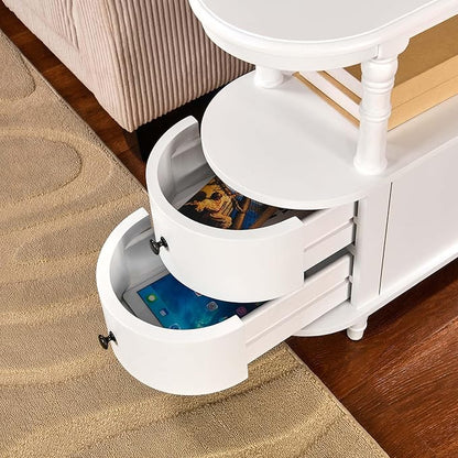 2 Set of Wood End Table with 2 Drawers and Storage Shelf, Narrow Sofa Side Table for Living Room, Vintage Slim Nightstand Bedside Table for Bedroom, Slim Chair Side Table White BGA508WT