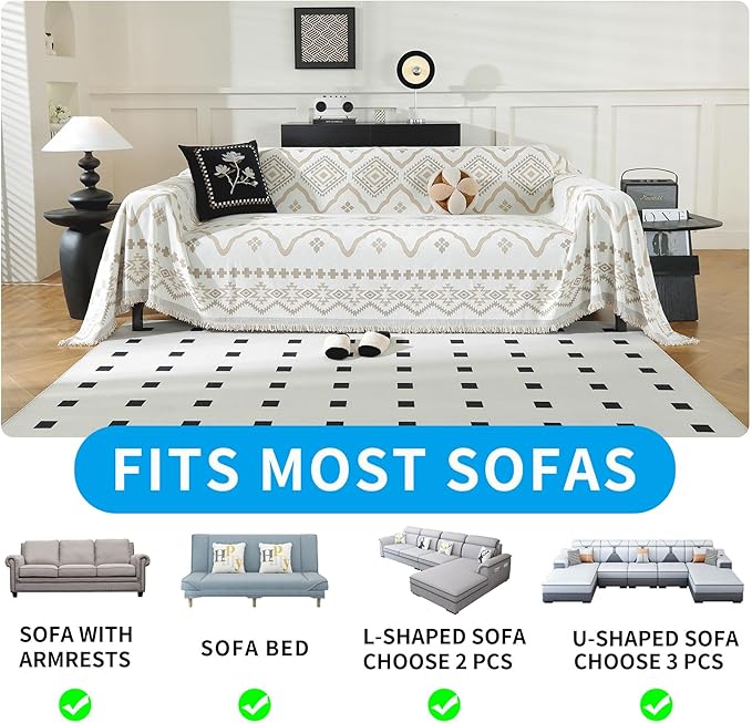 LUFEIJIASHI Boho Couch Covers for Sofa Non Slip Sofa Covers Washable Couch Covers for 3 Cushion Couch Sofa Pet Friendly Sectional Couch Cover Blanket Furniture Protector for Dogs (Khaki, 71"x118")