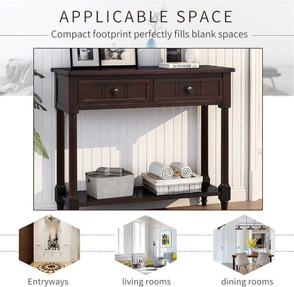 Merax Modern Wood Narrow Console Table for Entryway Hallway Front Door SideTable with Drawers and Bottom Shelf Espresso